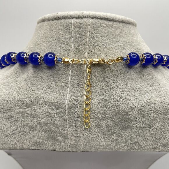 Earth Mined Sapphire Blue Gemstone Gold Tone Beaded Necklace Statement Bold - Picture 5 of 8